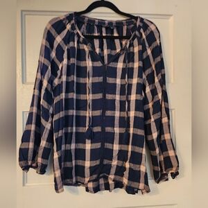 American Eagle Tunic, Peasant Plaid V-neck Navy, Tassels Flowy Sz XL EUC Crochet